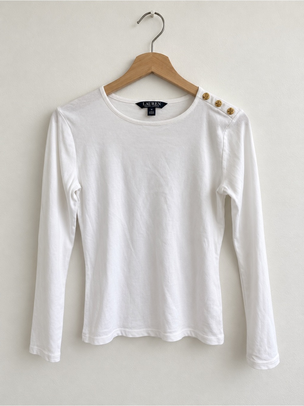 Ralph Lauren White Long-Sleeve Tee with Gold Shoulder Buttons Size Small